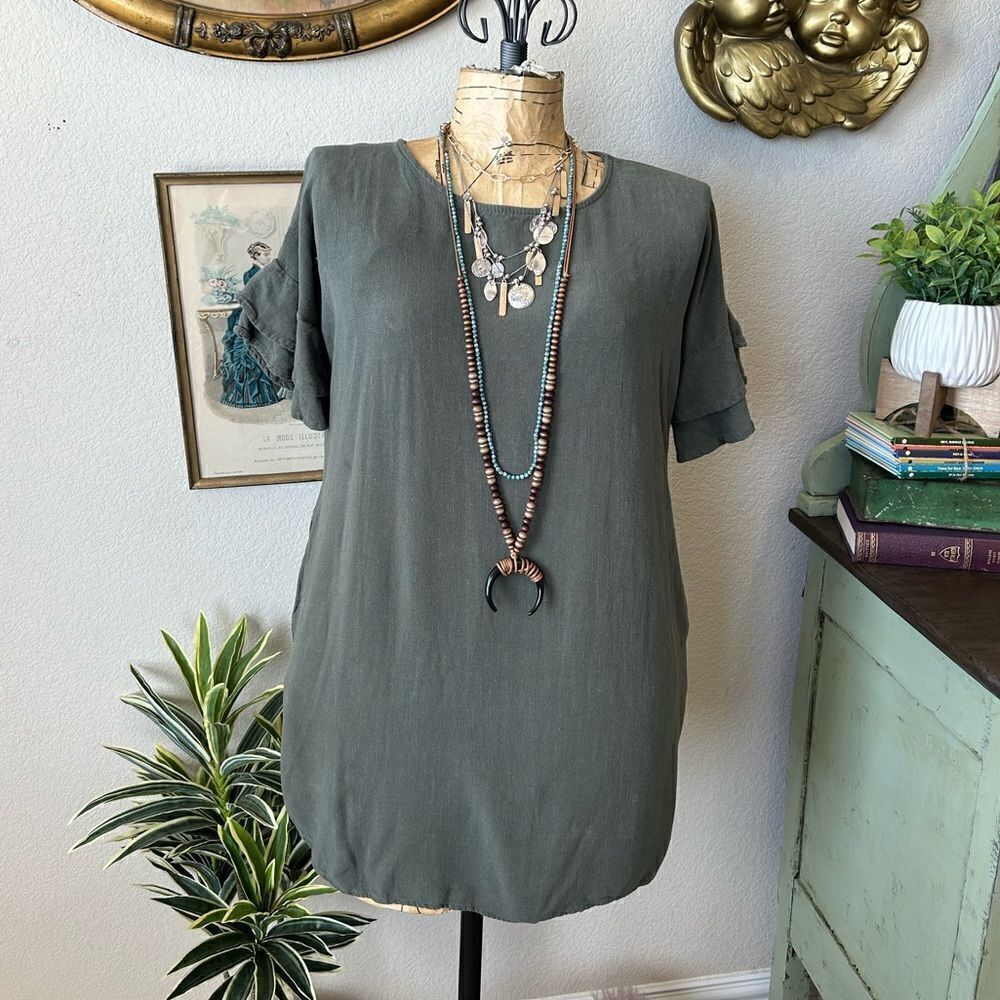 ee: some 100% Linen Olive‎ Green Ruffle Flounce Sleeve Blouse Sz S